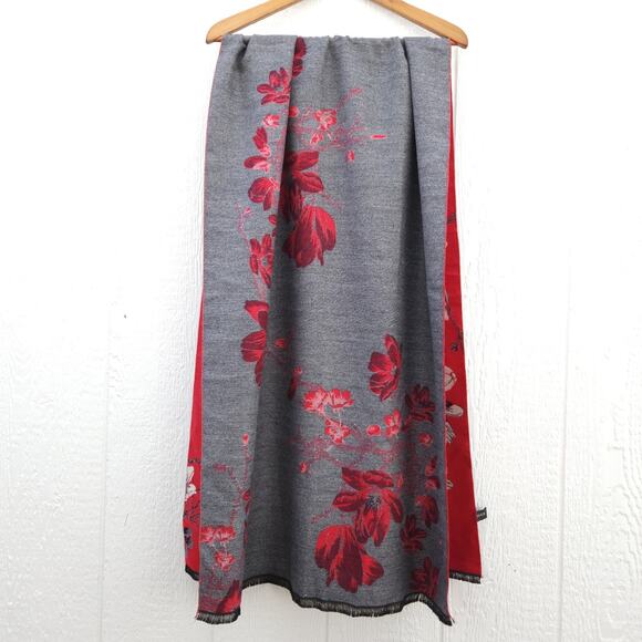 Saachi Scarf Wrap Shawl Red Gray Floral Botanical Reversible Fringe Artsy 75x25 - Picture 5 of 16